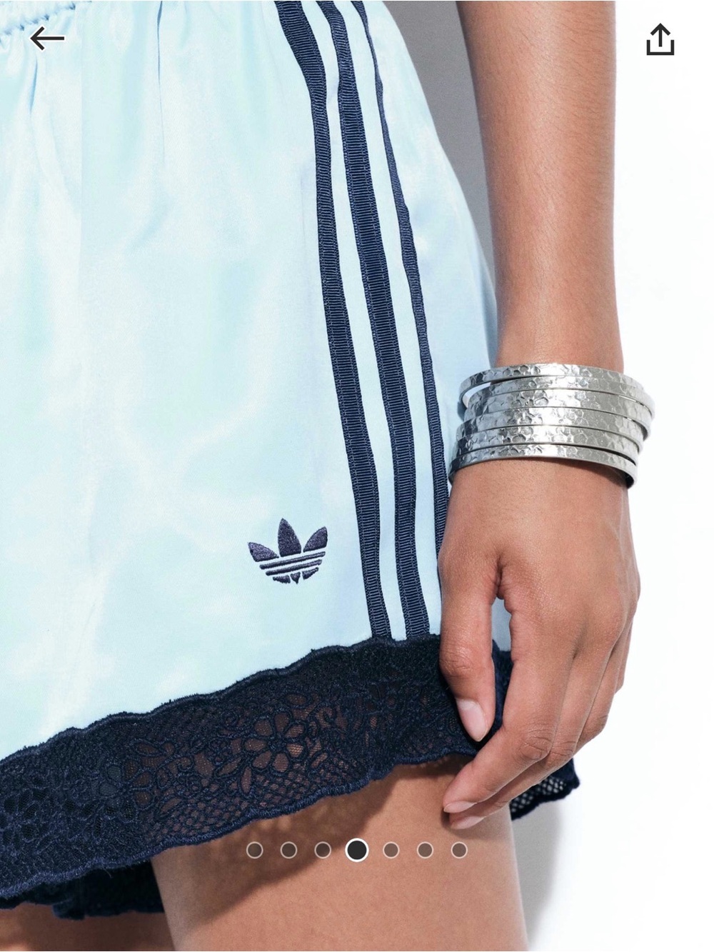 NWT adidas Originals × ASOS lace hem shorts in pale blue satin - Picture 3 of 13